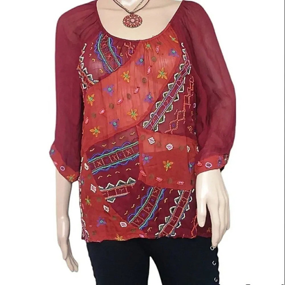 Lucky Brand Sheer Beaded Boho Peasant Blouse - Picture 1 of 5